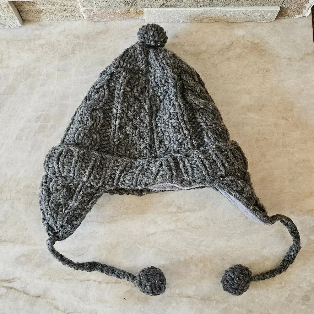 Charcoal Cable Knit Fleece Lined Hat With Earflaps